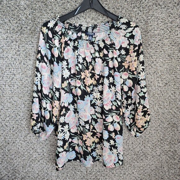 Chaps Top Womens Medium Black Floral Print Off The‎ Shoulder Blouse Sheer Ladies - Picture 1 of 7